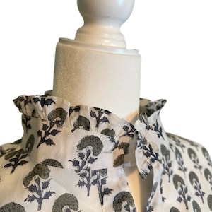 RETIRING ~ Women&#39;s Causal Cotton Work Wear in Neutral, Blue & Green Floral Block Print Ruffle Collared Blouse, Button Up XS-3X