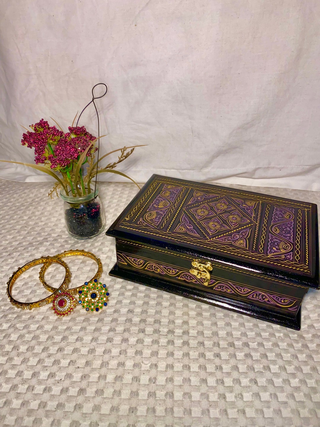 Lacquer Art Jewellery Box Purple Hand Painted Jewellery Etsy UK