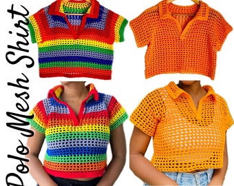 Polo Mesh Shirt Crochet Pattern (English)|Hood Mesh Crochet Top