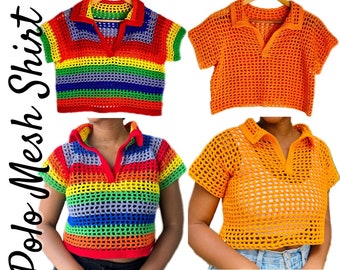 Patrón de crochet de camisa polo de malla (inglés)/Top de crochet de malla con capucha