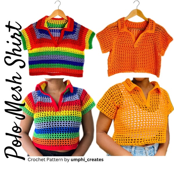 Polo Mesh Shirt Crochet Pattern (English)|Hood Mesh Crochet Top