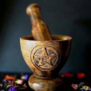Carved Wooden Pentagram Mortar & Pestle