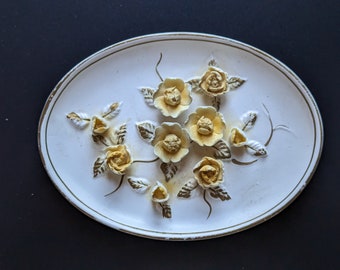 Lefton Vintage Wall Plaque 3D Bisque Yellow Roses Victorian Farmcore Cottagecore