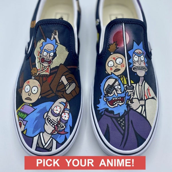 Anime Vans Slip-ons - Custom Vans, Custom Shoes, Gift for Him, Gift for Her, Custom Painted Shoes, Ninja, Manga, Cartoon, Rick and Morty