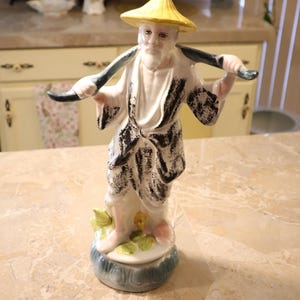 Vintage Ceramic Hand Painted Asian Art Fisherman Figurine Statue