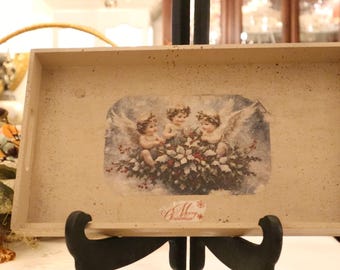 Vintage Style Christmas Angels Decoupage Art on Wood Server Trinket Tray
