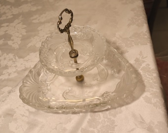 Vintage Etched Peacocks On Clear Crystal Glass 2 Tier Server by Mikasa