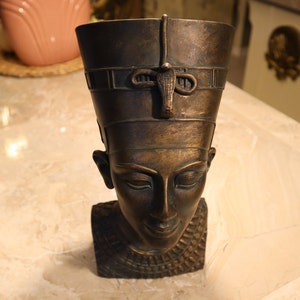 Vintage Queen Nefertiti Head Egyptian Bronze Finish Designer Resin Statue