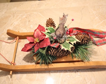 Vintage 90s Wooden Sled Christmas Winter Holiday Decoration