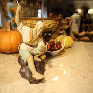 Vintage Chinese Fishing Mud Man Red Clay Asian Figurine Missing Fish