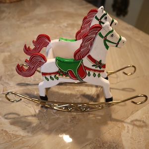 Vintage Tabletop Hand Painted Christmas Wood Rocking Horse with Brass Base