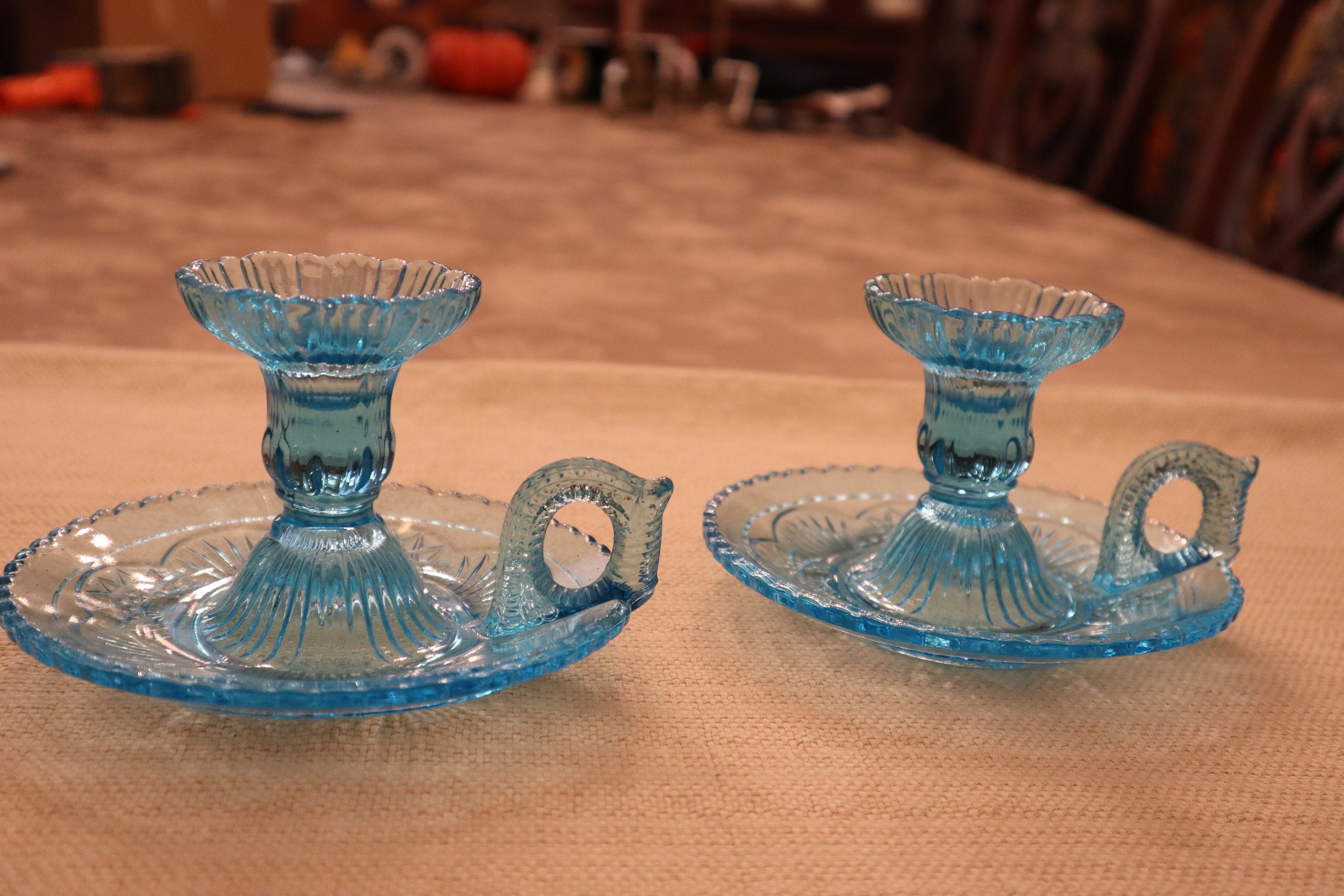 Extremely Rare Exquisite Antique Zabkowice Light Blue Glass Candle