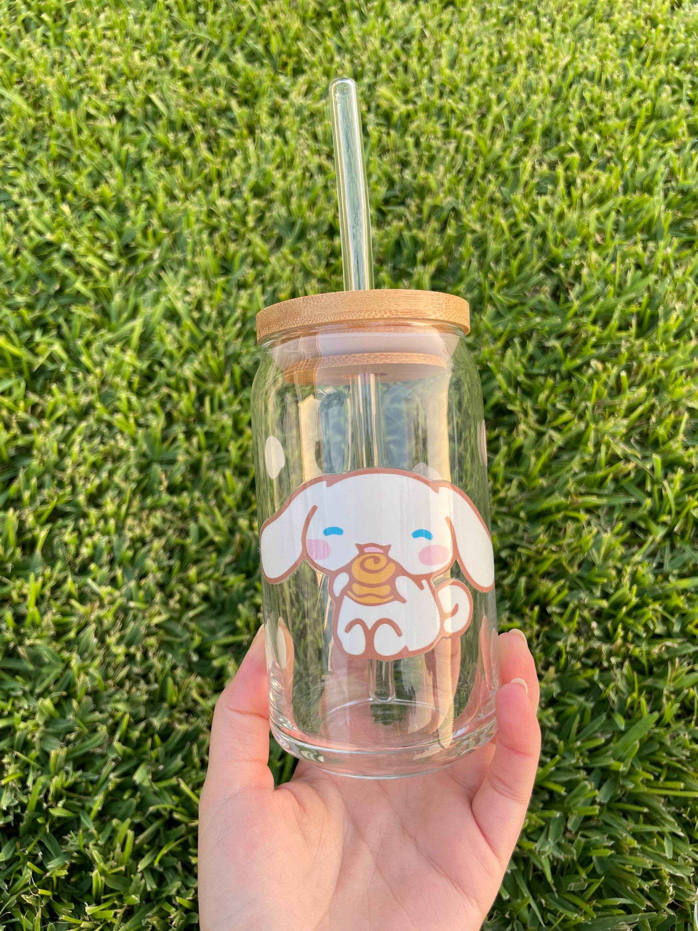 Cinnamoroll Aesthetic Glass Cup With Bamboo Lid and Glass Straw 