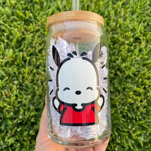 Pochacco aesthetic glass cup with bamboo lid and glass straw.