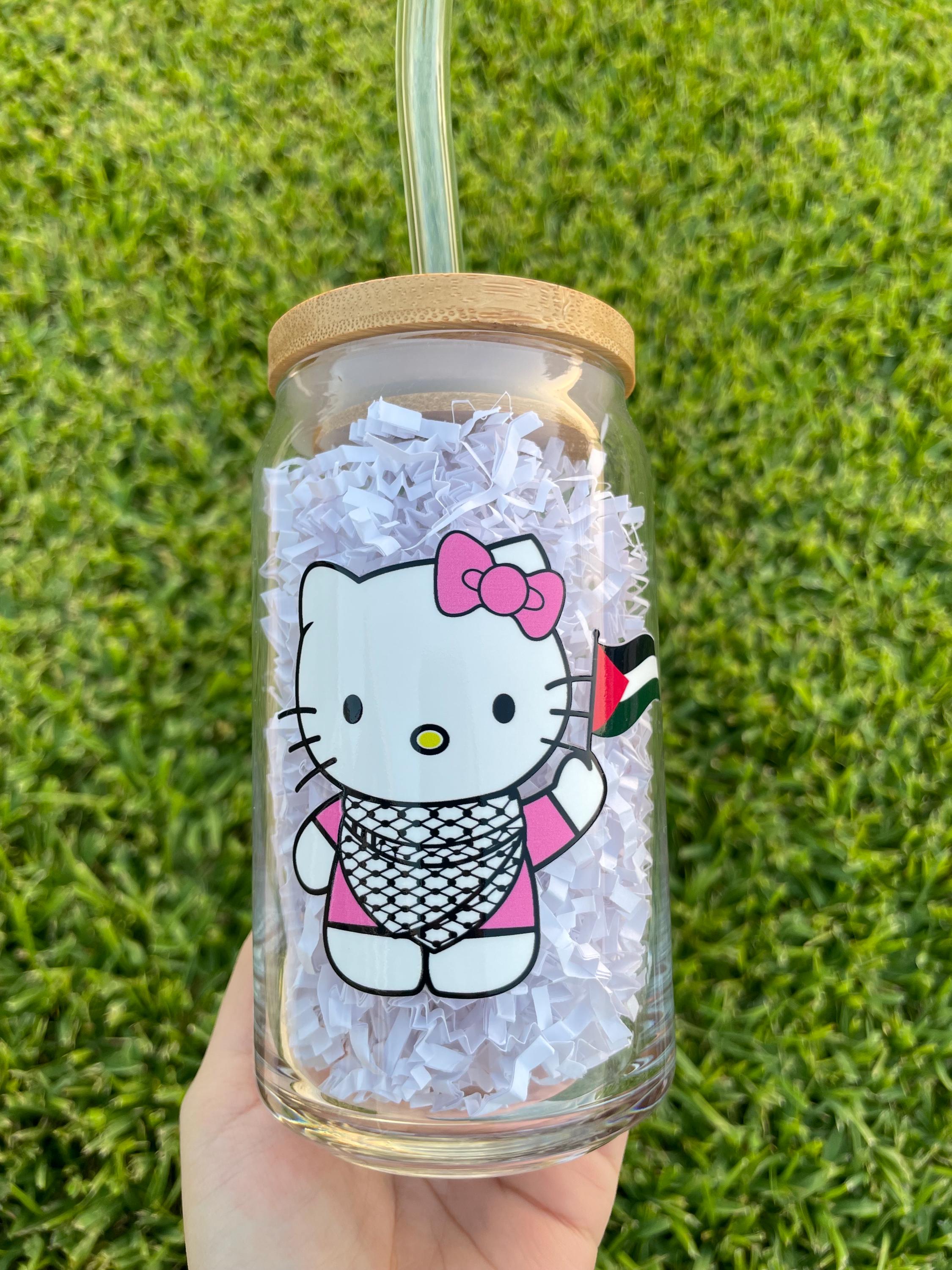 Hello Kitty Wearing Keffiyeh With Palestine Flag Aesthetic Glass