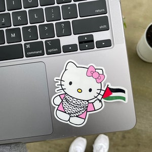 Peut inclure: Un autocollant Hello Kitty blanc avec un n&oelig;ud rose et une robe rose tenant un drapeau palestinien. L'autocollant est sur un ordinateur portable argent&eacute;.