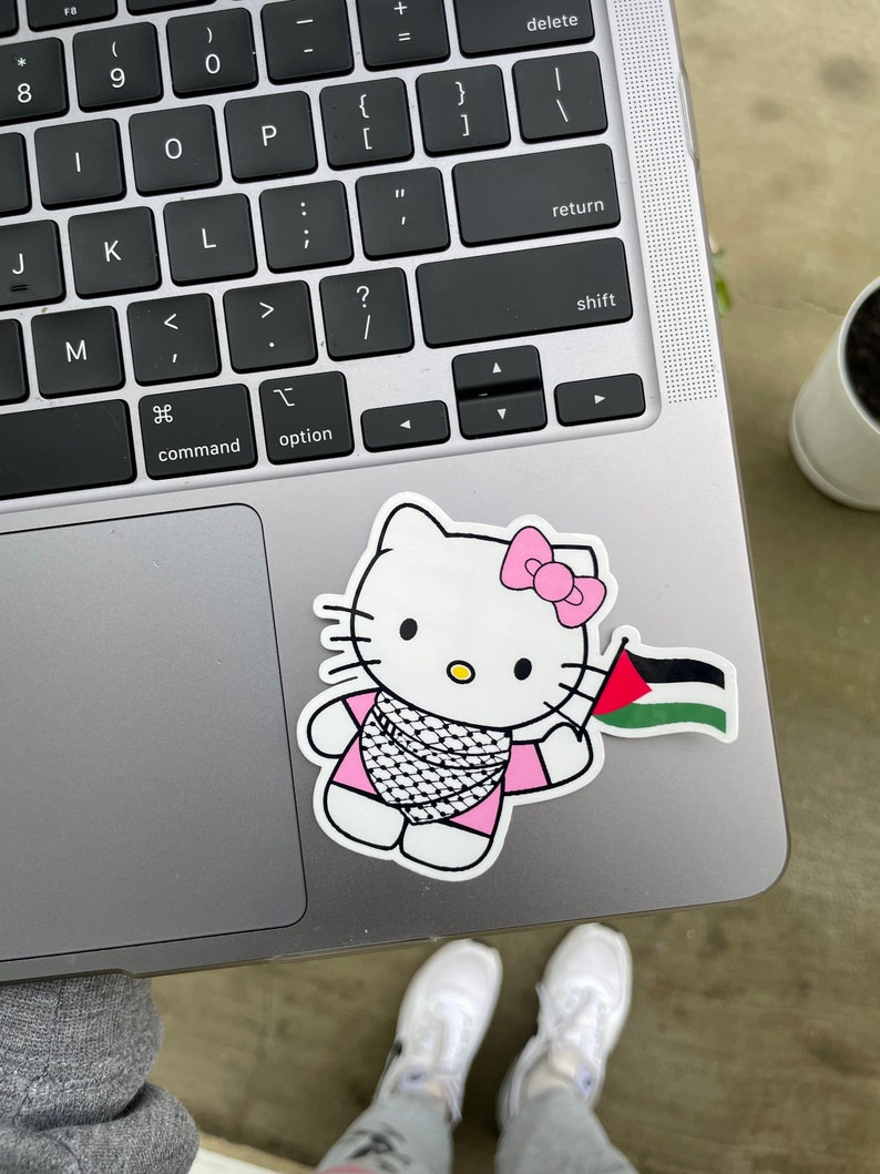 Peut inclure: Un autocollant Hello Kitty blanc avec un n&oelig;ud rose et une robe rose tenant un drapeau palestinien. L'autocollant est sur un ordinateur portable argent&eacute;.