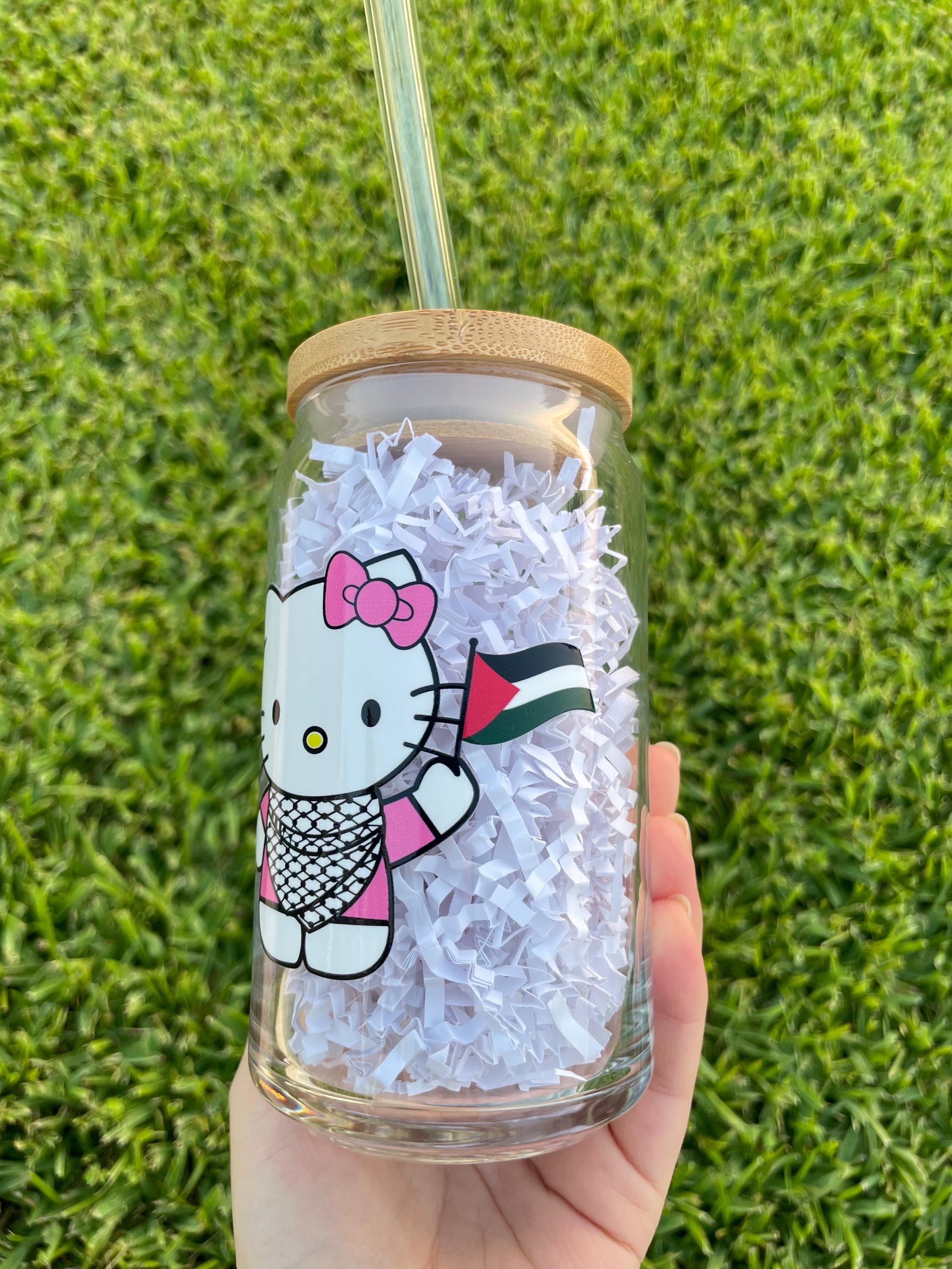 Hello Kitty Wearing Keffiyeh With Palestine Flag Aesthetic Glass