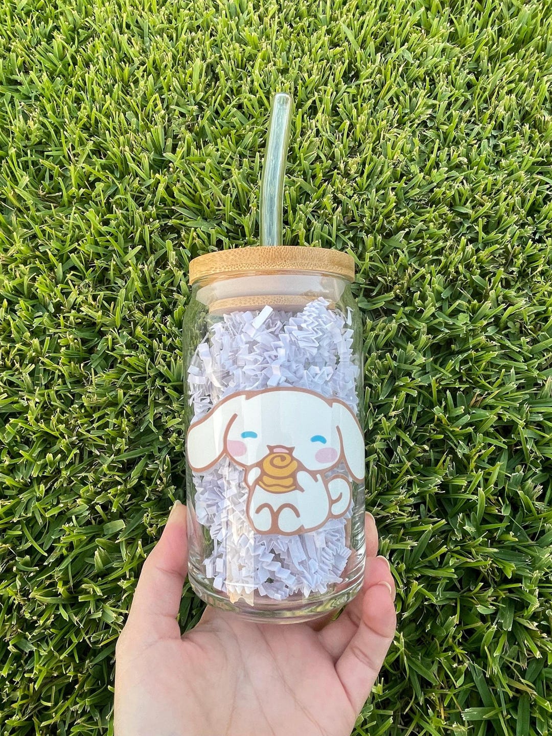 Cinnamoroll ガラス瓶 蓋付き Cinnamoroll Aesthetic Glass Cup With Bamboo Lid and Glass Straw