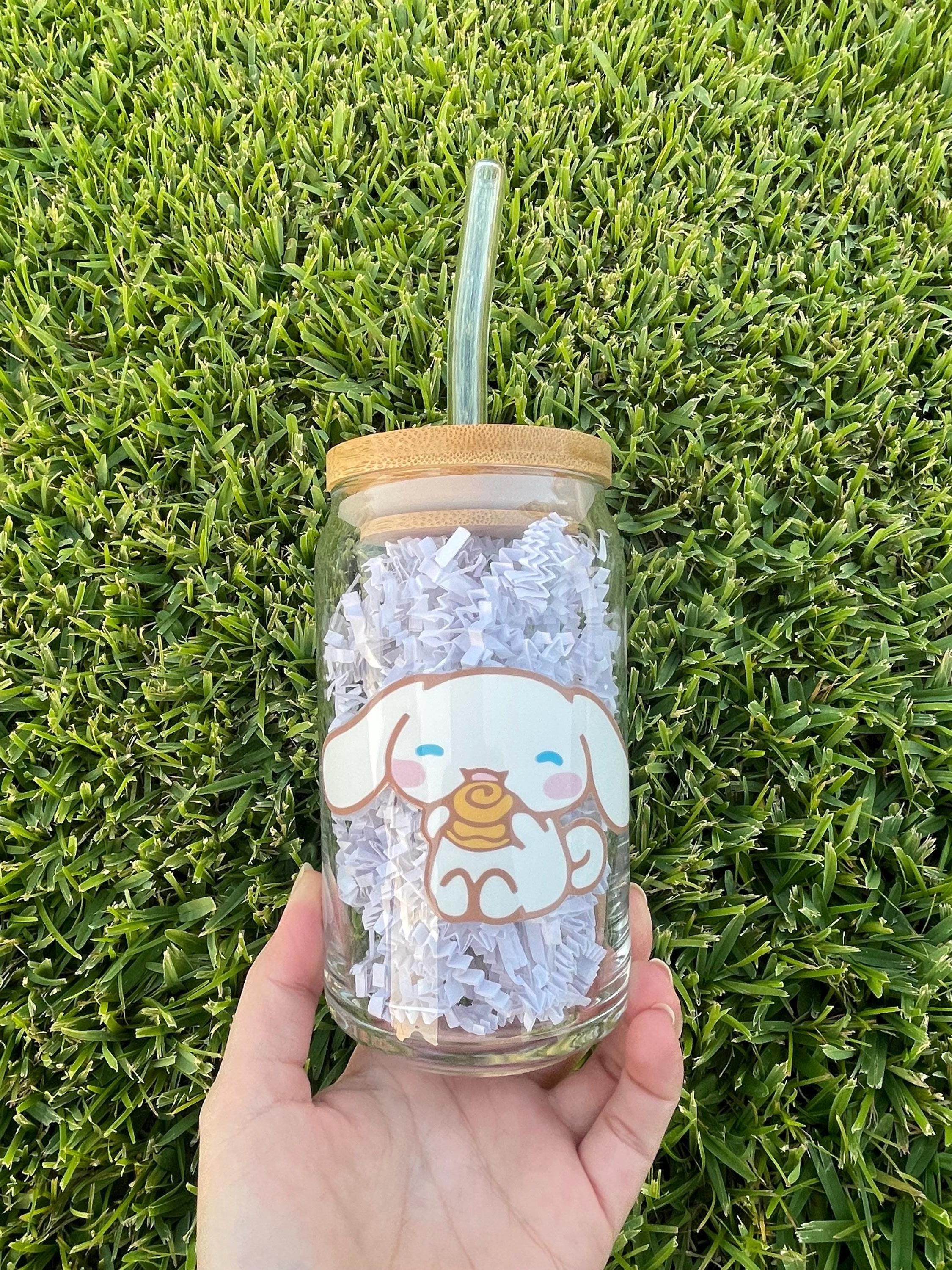 Cinnamoroll ガラス瓶 蓋付き Cinnamoroll Aesthetic Glass Cup With Bamboo Lid and Glass Straw