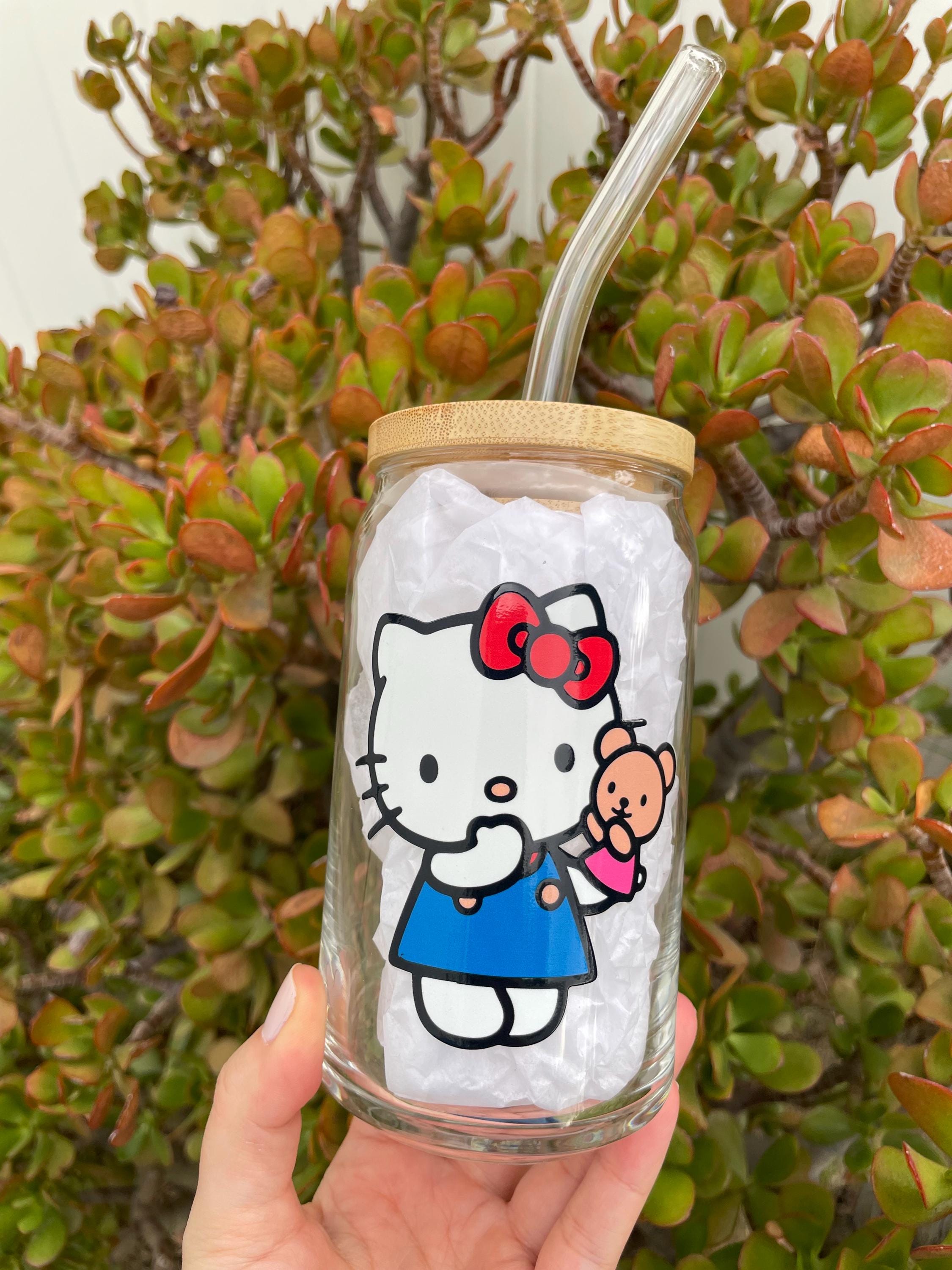 Hello Kitty With Teddy Bear and Hearts Aesthetic Glass Cup With