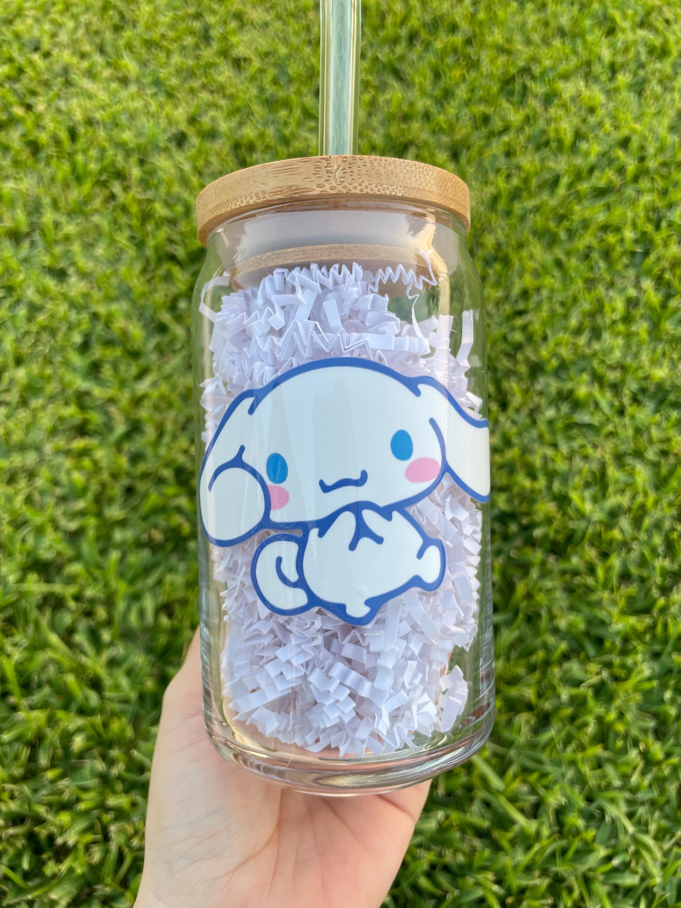 Cinnamoroll ガラス瓶 蓋付き Cinnamoroll Aesthetic Glass Cup With Bamboo Lid and Glass Straw