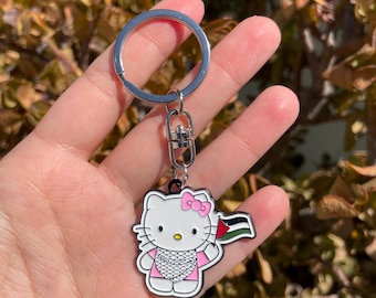 Porte-clés Falastini Hello Kitty portant un keffieh avec un drapeau, porte-clés palestinien HK, porte-clés Palestine