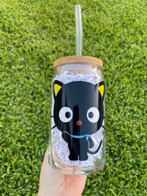 Chococat Aesthetic Glass Cup With Bamboo Lid and Glass Straw. - Etsy
