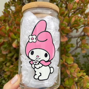 My Melody aesthetic glass cup with bamboo lid and glass straw