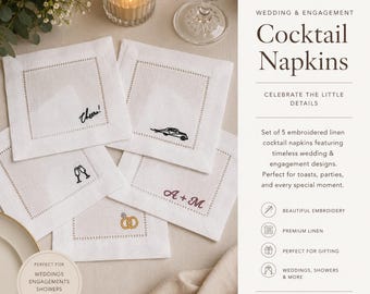 Personalized Embroidered Cocktail Napkin Set of 4 | Wedding & Engagement Linen Napkins