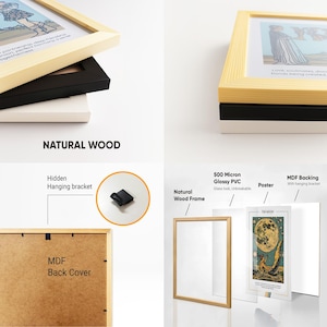 May include: A stack of wooden picture frames in natural, black, and white. The frames have a natural wood finish and include a hidden hanging bracket and MDF backing. The image also shows the components of a frame, including a poster and glossy PVC.