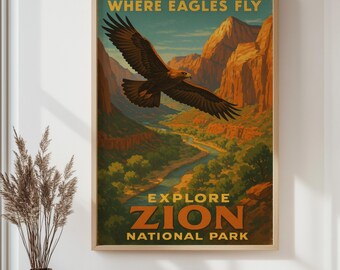Vintage Zion Nationalpark Wand Kunst Poster, gerahmte Wandkunst, Blumen Wandkunst, Retro Druck, Boho Wandkunst, Landschaftsdruck