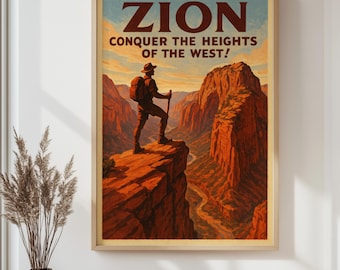 Vintage Zion Nationalpark Wand Kunst Poster, gerahmte Wandkunst, Blumen Wandkunst, Retro Druck, Boho Wandkunst, Landschaftsdruck