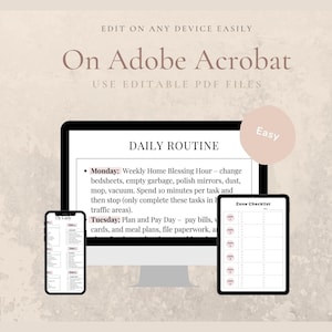 May include: A digital screen displaying a daily routine planner with a checklist for Monday and Tuesday. The screen is labeled "Daily Routine" and the text on the screen includes "Weekly Home Blessing Hour", "Plan and Pay Day", and "Zone Checklist".