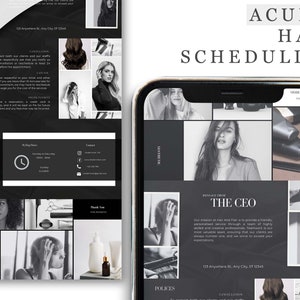 Puede incluir: La pantalla de un teléfono móvil en blanco y negro que muestra un sitio web para una peluquería. El sitio web tiene un fondo negro con texto e imágenes blancas. El texto en la pantalla dice "Acuity Hair Scheduling" y "Mensaje del CEO".