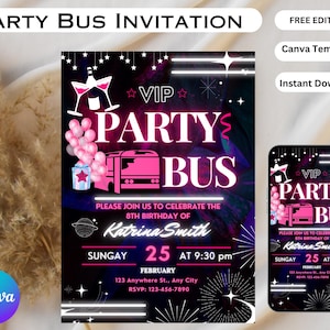 Party Bus Invitation,Pink Party Bus Birthday Invitation Girls,Editable Template,Birthday Invitation,Party Bus, Editable Party Bus Invitation