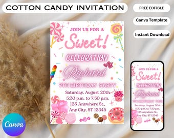 Cotton Candy Invitation, Cotton Candy Birthday Party Invite, Circus Birthday Invite, Sweet Birthday Invitation, Candy Invite, Kid's Party