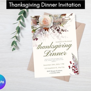 Thanksgiving Dinner Invitation, Thanksgiving Party Invite, Thanksgiving Invitation Template, Editable  in Canva, Printable Invitation