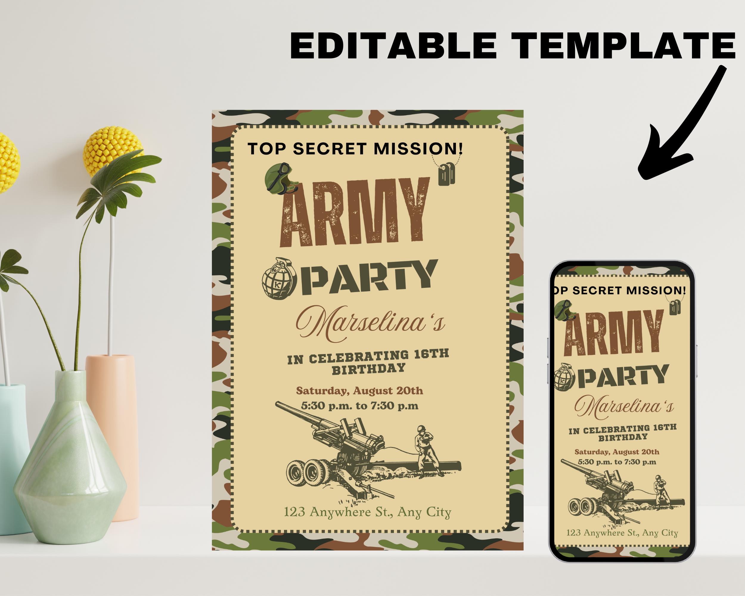 Editable Army Birthday Invitation, Military Party Invitations, Soldier ...