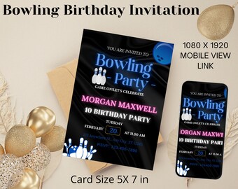 Bowling Birthday Invitation, Bowling Party Invitation Template, Bowling Invite, Boy Bowling Birthday Invite, Bowling Birthday, Bowling Party