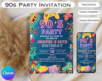 Invitación de cumpleaños editable de los 90, invitación de cumpleaños de los 90, invitación a fiesta de los 90, fiesta de cumpleaños de los 90, invitación de cumpleaños, plantilla Canva, invitación digital