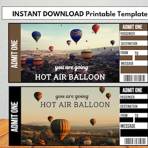 Ingresso surpresa para passeio de balão de ar quente, vale-presente, modelo de ingresso para evento editável, modelo de ingresso, ingresso personalizado, ingresso para férias
