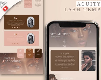 May include: Aesthetic business promotional material featuring a smartphone and a flyer. The phone displays a woman's face with the text "GET MINKED". The flyer includes testimonials, service icons, and the text "Thank You For Booking".