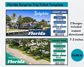 May include: Two printable ticket templates for a surprise trip to Florida. The tickets are blue and green with a beach scene and the text "Surprise" and "You're going to Florida".