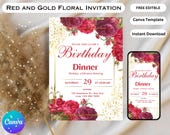 Editable Red And Gold Floral Invitation,Birthday Invitations For Women,Surprise Birthday,Printable Or Digital Invitation, Instant Download