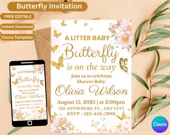 Butterfly Birthday Invitation, Golden Butterfly Party, Floral Butterfly Birthday Invitation, Digital Butterfly Invite, Invitation Template