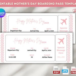 Printable Mother&#39;s Day Ticket Template, Surprise Trip Reveal Ticket, Plane Ticket, Boarding Pass Template, Holiday Voucher, Instant Download