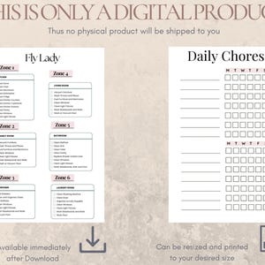 May include: Printable Fly Lady cleaning checklist with six zones and a daily chores checklist with boxes for each day of the week. The checklist is in black and white with pink accents.