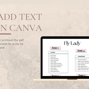 May include: A screenshot of a computer screen showing a Fly Lady cleaning checklist. The checklist is divided into five zones, each with a list of tasks to be completed. The zones are labeled "Kitchen", "Living Room", "Bedroom", "Bathroom", and "Office".