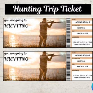 Printable Hunting Trip Surprise Ticket, Surprise Vacation Trip Ticket,  Digital Download,   Hunting Gift,  Custom Ticket,  Pdf File